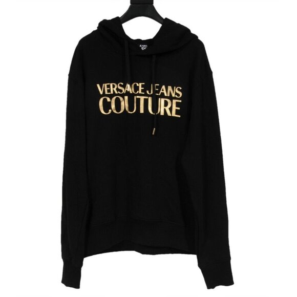 Versace Jeans Couture Mens Logo Hoodie Size Medium Black Gold Cotton Pullover - Picture 1 of 8